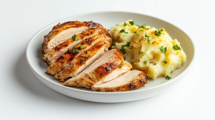 A plate featuring grilled chicken breast garnished with fresh rosemary, accompanied by a generous serving of creamy mashed potatoes.