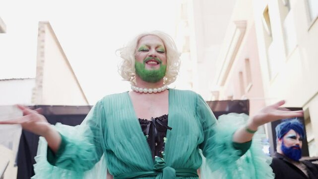 Bearded Drag Queens Entertain the Crowd at Vibrant Outdoor Lip Sync Performance