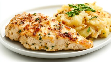 A plate featuring grilled chicken breast garnished with fresh rosemary, accompanied by a generous serving of creamy mashed potatoes.