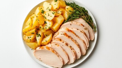 A plate featuring grilled chicken breast garnished with fresh rosemary, accompanied by a generous serving of creamy mashed potatoes.
