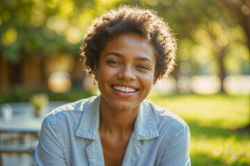 Portrait of happy smiling elderly young black woman on blurred green background of park cafe in sun rays