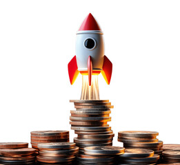 Rocket launch, financial growth and business startup success isolated on a transparent background. Rising performance in finance, marketing, sales, commerce, and banking.