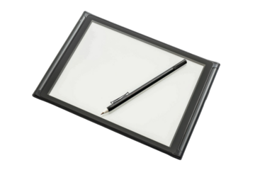 A sleek, modern writing tablet and pen resting on a clean, white surface inviting creativity and expression during brainstorming sessions isolated on transparent background