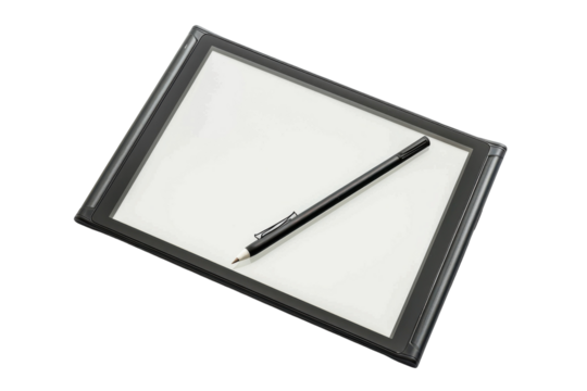 A sleek, modern writing tablet and pen resting on a clean, white surface inviting creativity and expression during brainstorming sessions isolated on transparent background