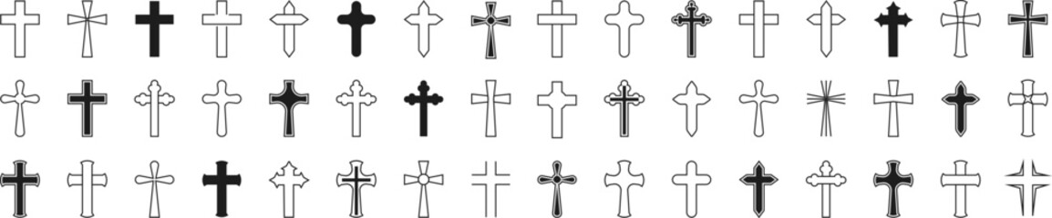 Collection of black religious cross icon.Religion cross symbols. Christians symbols