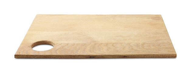 One wooden serving board isolated on white. Space for text