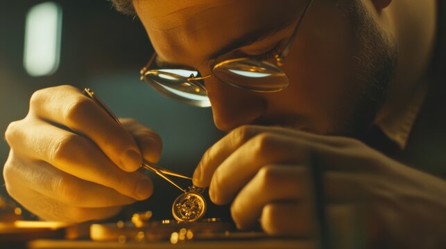 Watchmaker assembling tiny gears inside a luxury timepiece. Featuring precision and craftsmanship