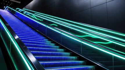 Obraz premium Glowing neon escalator stairs representing financial growth and upward mobility