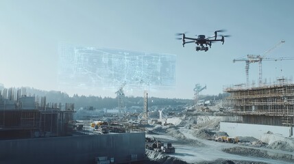 Drone with AI technology for mapping, an intelligent AI-powered drone with scanning sensors and cameras, hovering above a construction site, projecting a digital map of the area, with precise building