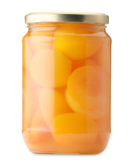 Tasty canned apricots in jar isolated on white