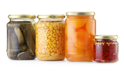 Many jars with different pickled products isolated on white