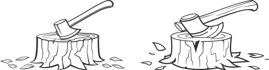 Set of Chopping Wood Axe Sticking Line Art Vector Design | Hand-Drawn Lumberjack Tool Illustration chopping wood axe line art, axe vector design, lumberjack tool drawing, hand-drawn axe illustration