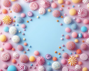 Pastel background stylized candy explosion with dynamic composition, candy flying outward in radial pattern, clean space in the middle for text