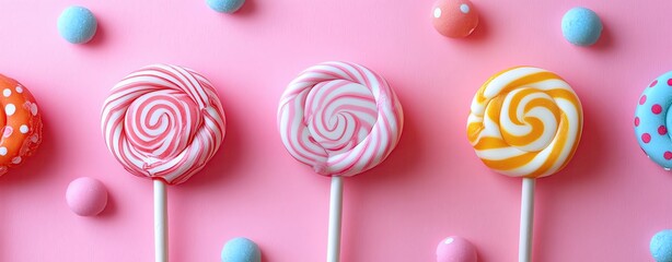 Pastel background retro candy shop aesthetic with vintage swirl lollipops and polka dot paper wrappers, scattered objects, high angle flat lay