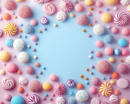 Pastel background stylized candy explosion with dynamic composition, candy flying outward in radial pattern, clean space in the middle for text