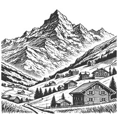 alpine village nestled in a valley, surrounded by towering mountains and a serene lake, drawn in an engraved, woodcut style sketch engraving generative ai vector. Scratch board. Black and white.