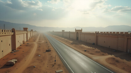 Fototapeta premium Fortified Border Architecture: Enhancing Economic Resilience & National Security through Strategic Infrastructure Deployment for Robust Prosperity - Photo Stock Concept