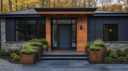 Modern home entrance with warm wood accents