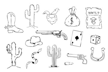 Wild west sketch set with vintage cowboy hat, gan. Desert elements cactus, sand, snake. Line hand drawn lucky horseshoe. 