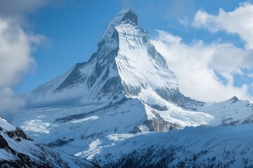 Obraz premium Majestic snow-covered Matterhorn mountain with dramatic clouds in the Swiss Alps during daytime