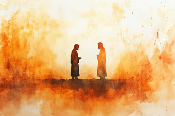 Two figures in robes converse against a warm watercolor background a spiritual scene