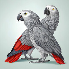 Fototapeta premium African grey parrots, ultra-detailed full-body view, showcasing their striking feathers, intelligent eyes, and vibrant colors in a natural, lifelike setting with rich textures and fine details.