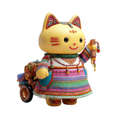 Fototapeta premium Adorable Yellow Cat Figurine in Vibrant Ethnic Dress Pulling a Cart