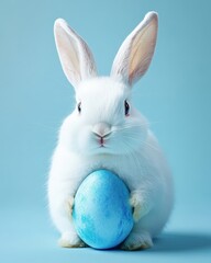 Obraz premium A fluffy white rabbit with soft fur and bright eyes gently cradles a beautifully decorated Easter egg in its paws, surrounded by colorful spring flowers and green grass.