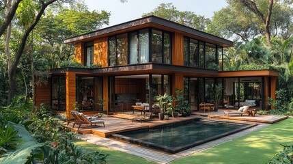 Fototapeta premium Modern home with pool in lush garden