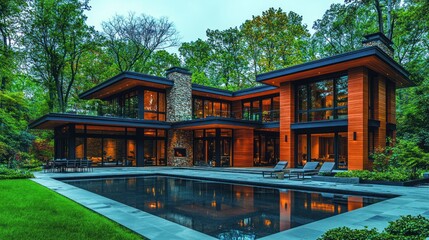 Fototapeta premium Modern home with pool in wooded setting