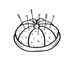 Needler doodle icon. A soft cushion with needles and pins for needlework. Vector illustration of an isolate on a white background.
