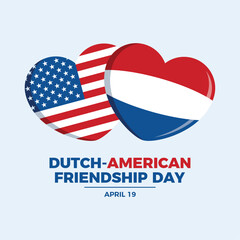 Dutch-American Friendship Day poster vector illustration. Dutch and American flag in heart shape icon. Netherlands and United States flag symbol. Template for background, banner, card. 19 April