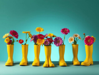 colorful still life photograph featuring a row of nine bright yellow rubber boots, each filled with an array of diverse and colorful flowers