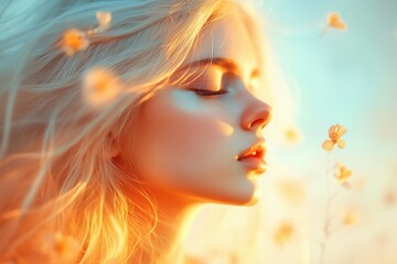 Woman with flowing hair surrounded by wildflowers during golden hour capturing soft light and serene moment in nature