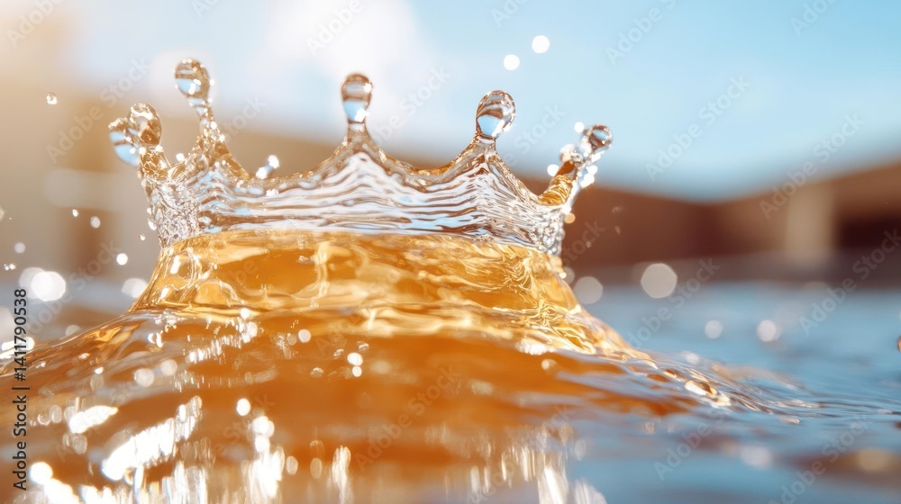 Poster close up shot of water drop impact on a water surface, creating crown splash, with blurred building 