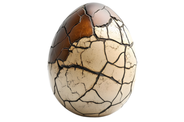 Large cracked dinosaur chicken egg with textured surface and detailed fractures, isolated on white transparent background. Concept of prehistoric life and hatching