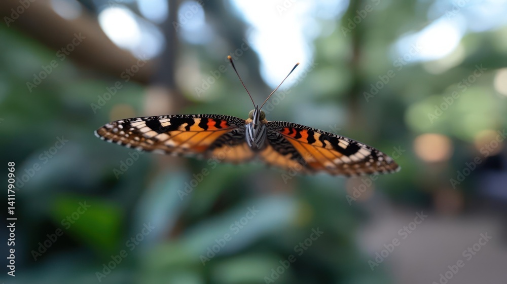 Aufkleber Close-up of a beautiful butterfly with orange and black wings spread wide, showcasing intricate patterns. The background is blurred with green foliage, creating a soft, natural setting