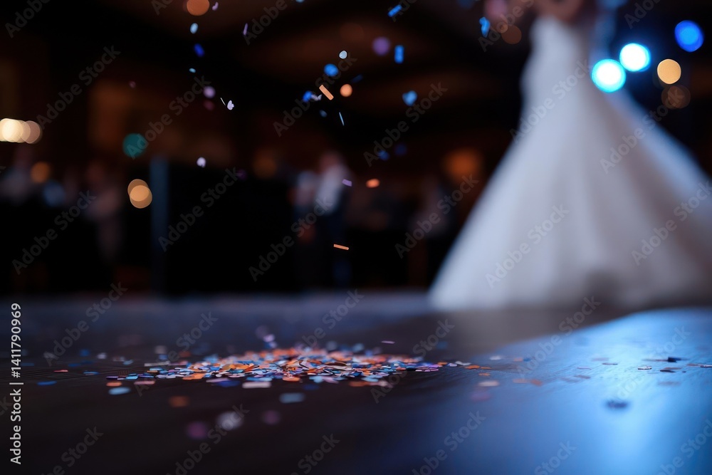 Aufkleber close up of colorful confetti falling on a dark wooden floor, with the blurred figure of a person in