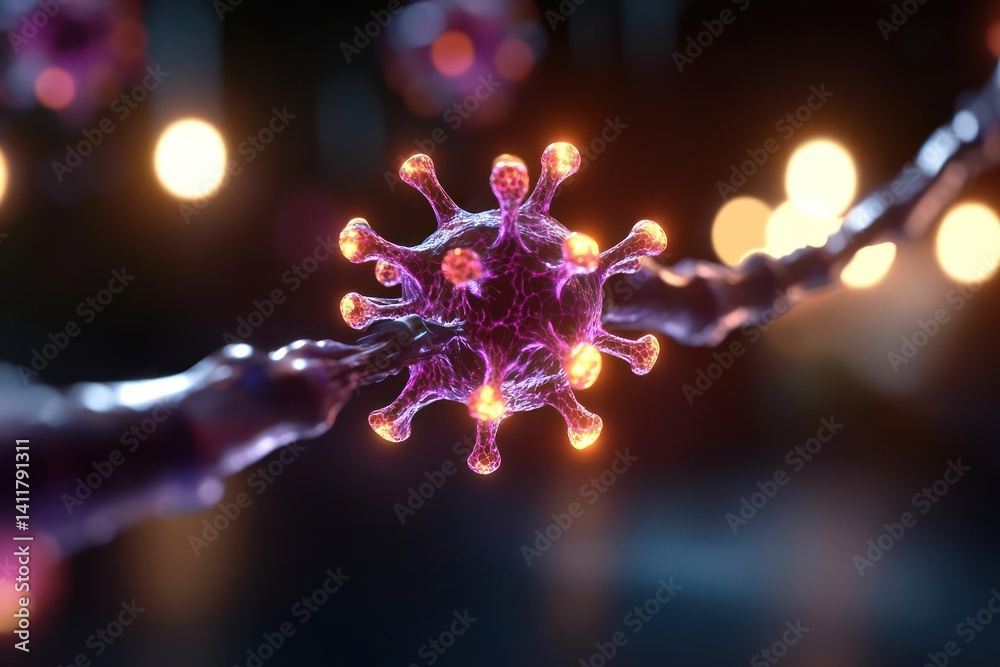 Poster close-up digital rendering of a purple and orange virus cell with detailed spikes attached to a dark