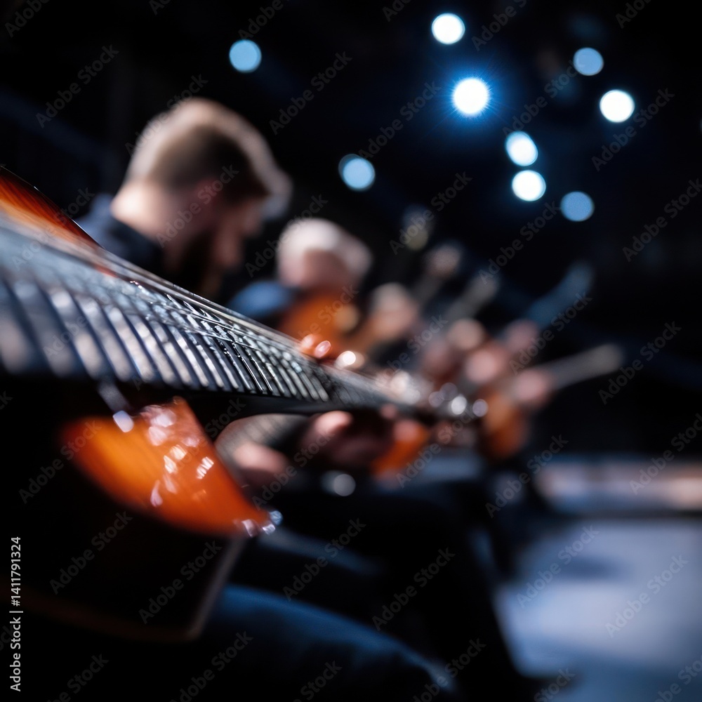 Fototapete close-up shot of a classical guitar with warm wood grain and dark strings, a row of musicians with g