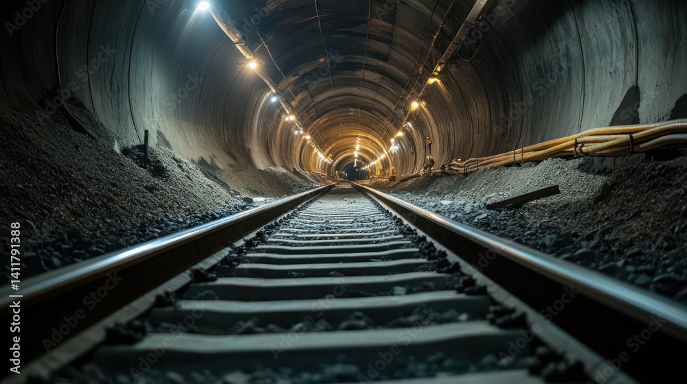 Aufkleber a low-angle view shows railway tracks disappearing into a dark tunnel, lit by a string of warm light