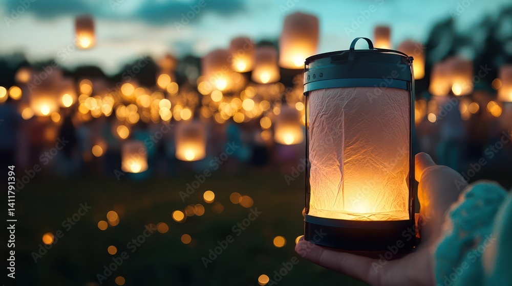 Aufkleber close-up of a hand holding a glowing lantern against a blurred backdrop of floating lanterns and cro