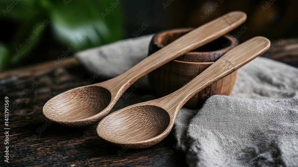 Poster two wooden spoons rest on a textured gray cloth atop a dark wooden surface, with a small wooden bowl