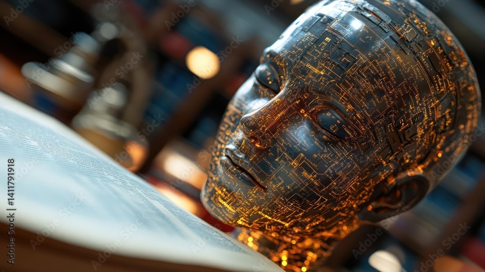 Poster Close up of a metallic human head with orange circuit like patterns on its surface is tilted towards an open book in a warm toned library background. The shot is in a shallow depth of field