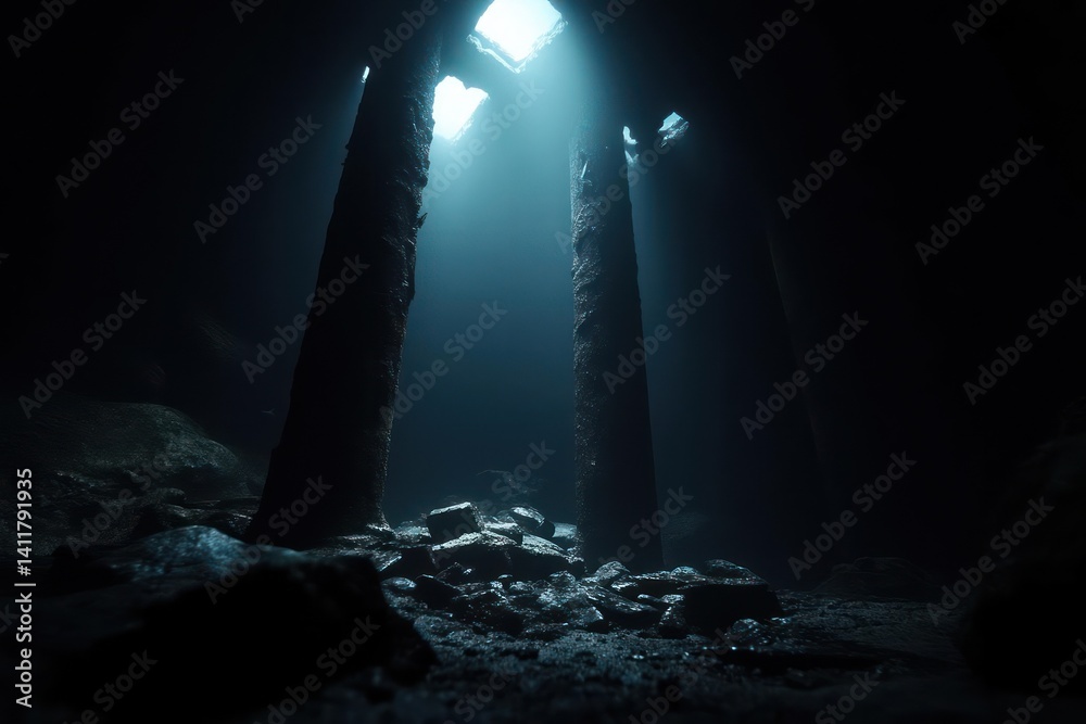 Aufkleber abstract shot of a dark cavern with rough stone floor and columns illuminated by a bright beam of li
