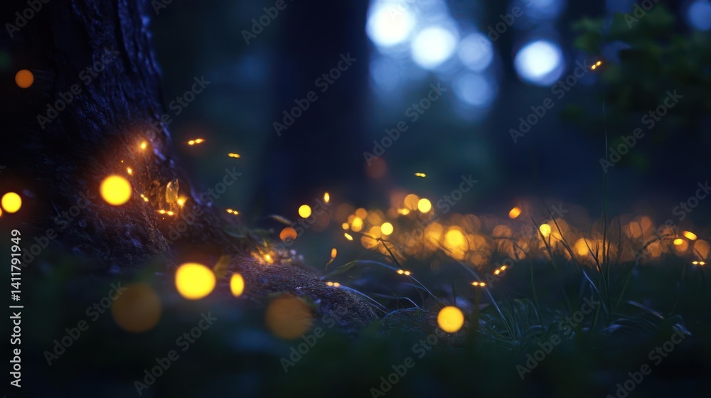 Fototapete Tranquil forest scene at twilight with soft bokeh. The base of a tree is illuminated by yellow light, surrounded by lush green grass and dark blue shadowy foliage. Captures serene atmosphere of