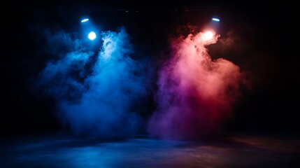 Fototapeta premium Neon Stage Smoke Blue Red Light Show.