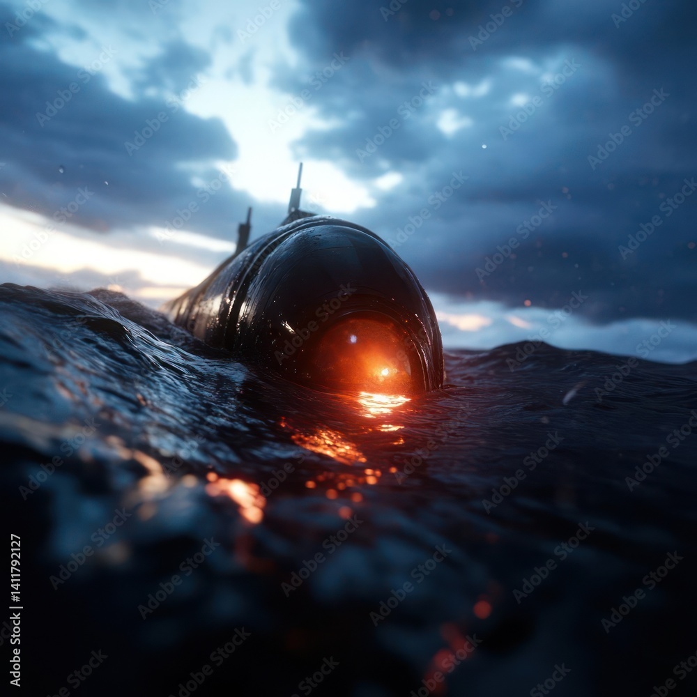 Poster dramatic image of a submarine partially submerged in dark, choppy water. focus on the submarine's co