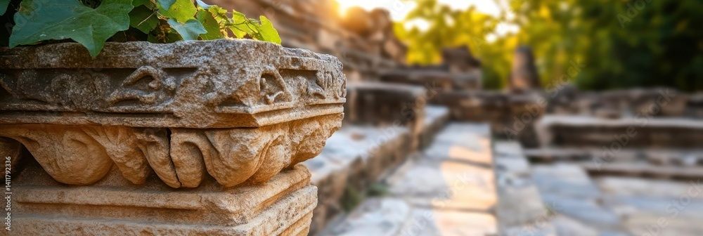 Aufkleber close-up of a weathered stone pillar adorned with greenery, complemented by sunlit steps and lush fo