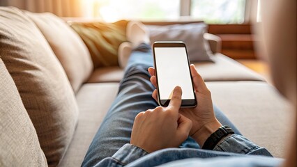 A relaxed person browsing on a smartphone while lounging comfortably at home.